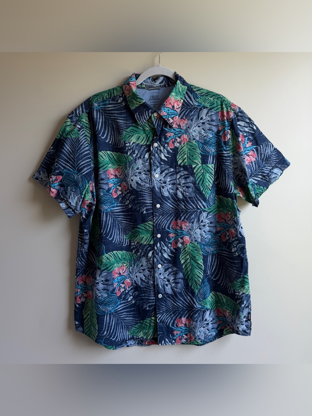 Izod Navy Tropical Floral & Leaf Print Button-Down Shirt